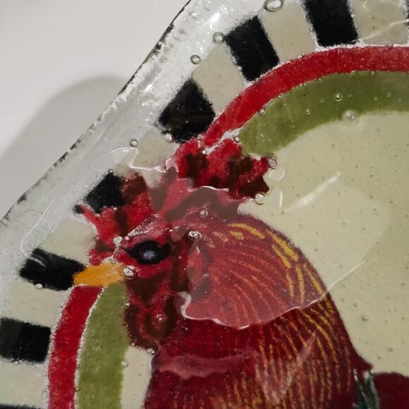 Vintage Peggy Karr Rooster Fluted Glass Bowl Signed Checkered Edge Metal Stand - Picture 7 of 10